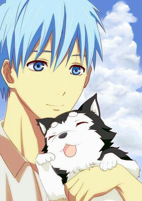 Image of the character Kuroko from Kuroko no Basket holding his dog Nigou. They are both happy